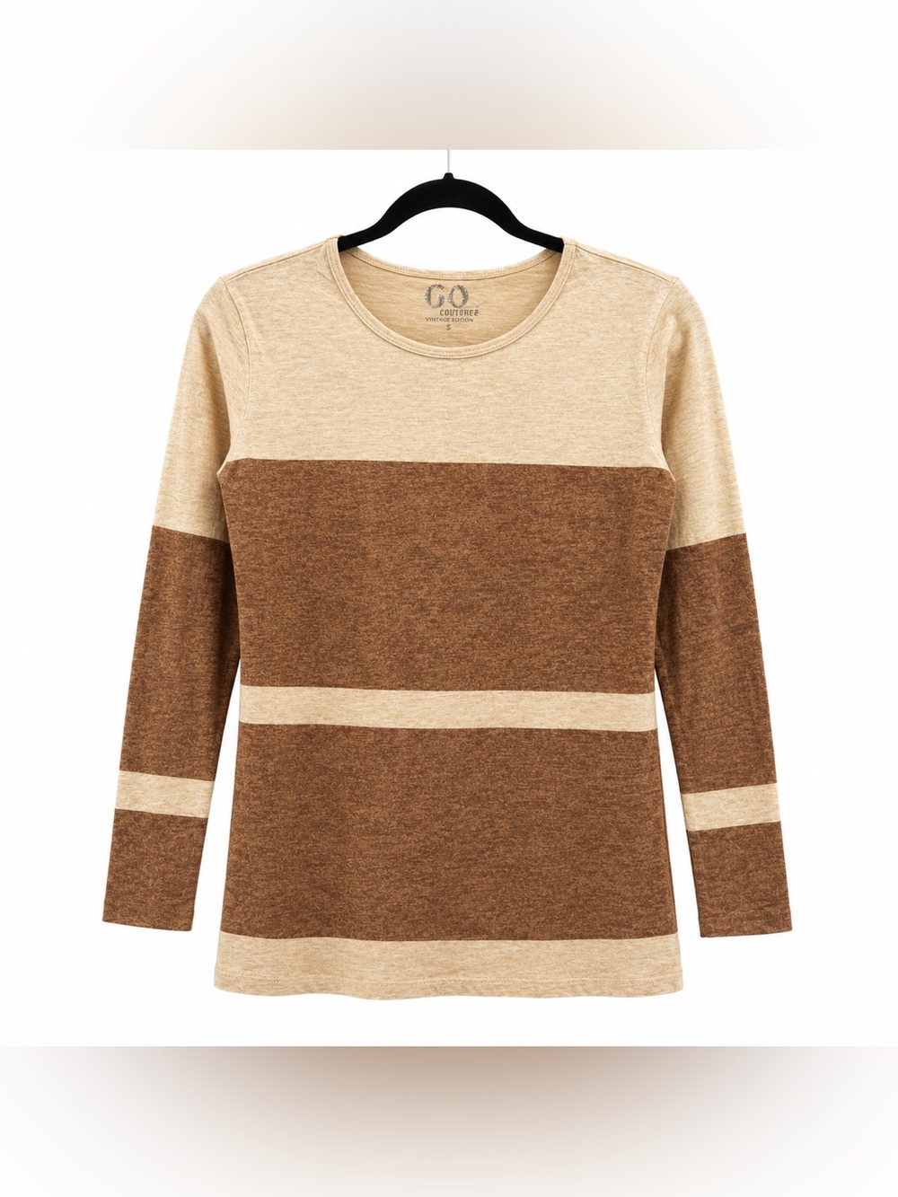 GO Couture Vintage Edition Striped Tunic Top Women Small Cream Brown Long Sleeve